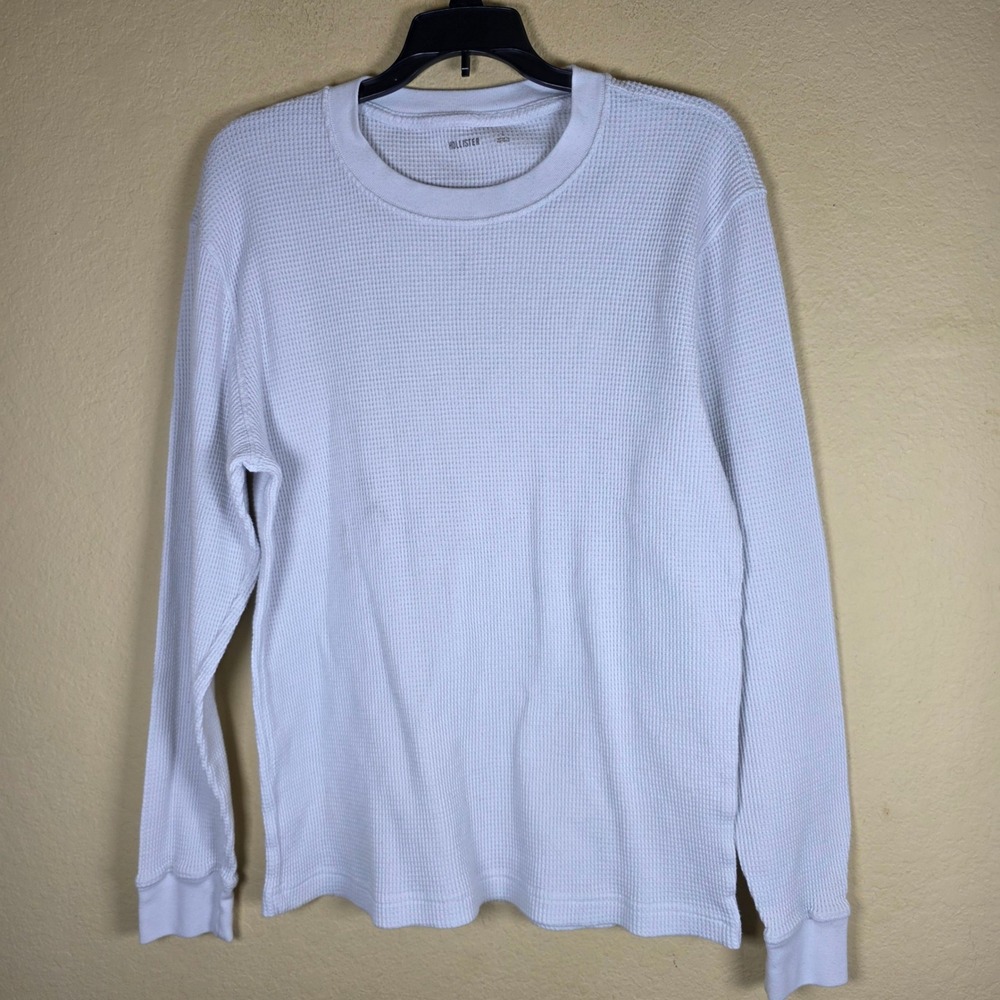 Hollister Mens White Waffle Knit Thermal Long Sleeve base Crew Neck Shirt Size L